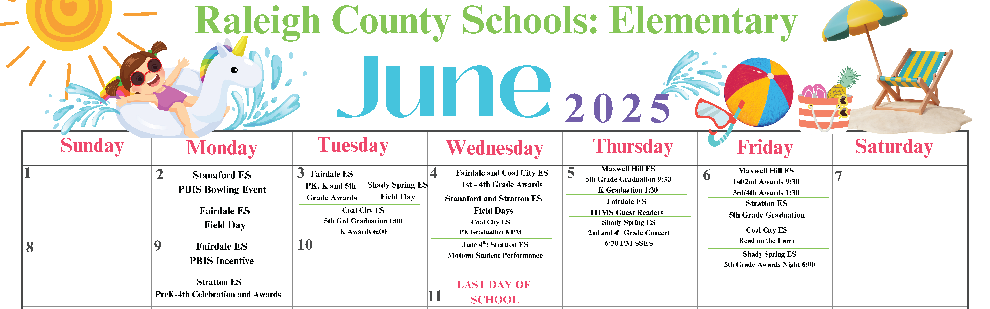 June Elementary Activities Calendar