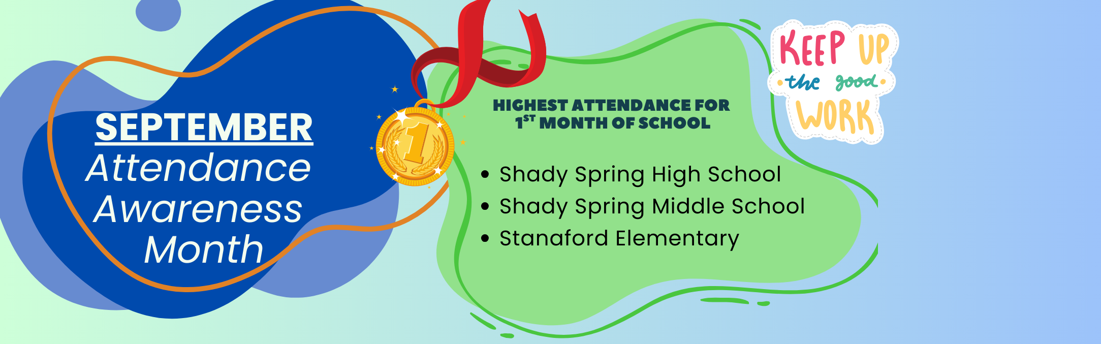 September is Attendance Awareness month, highest attendance for 1st month is Shady Spring High School, Shady Spring Middle School, and Stanaford Elementary