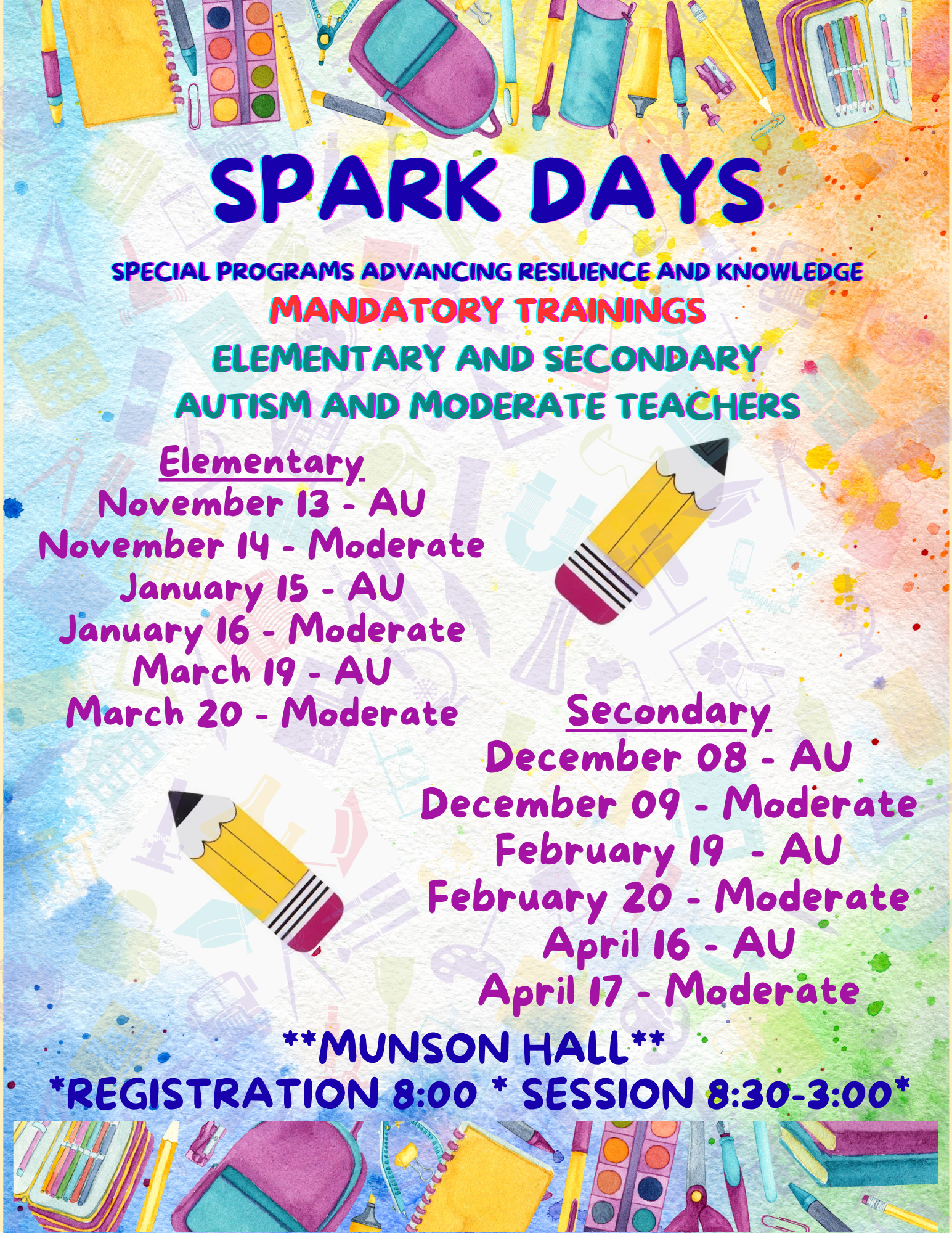 Spark Days, Special Programs Advancing Resilience and Knowledge, Mandatory Trainings for Elementary, Secondary Autism, and Moderate Teachers. Click this image to view the PDF