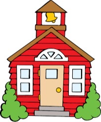 Red schoolhouse with bell.