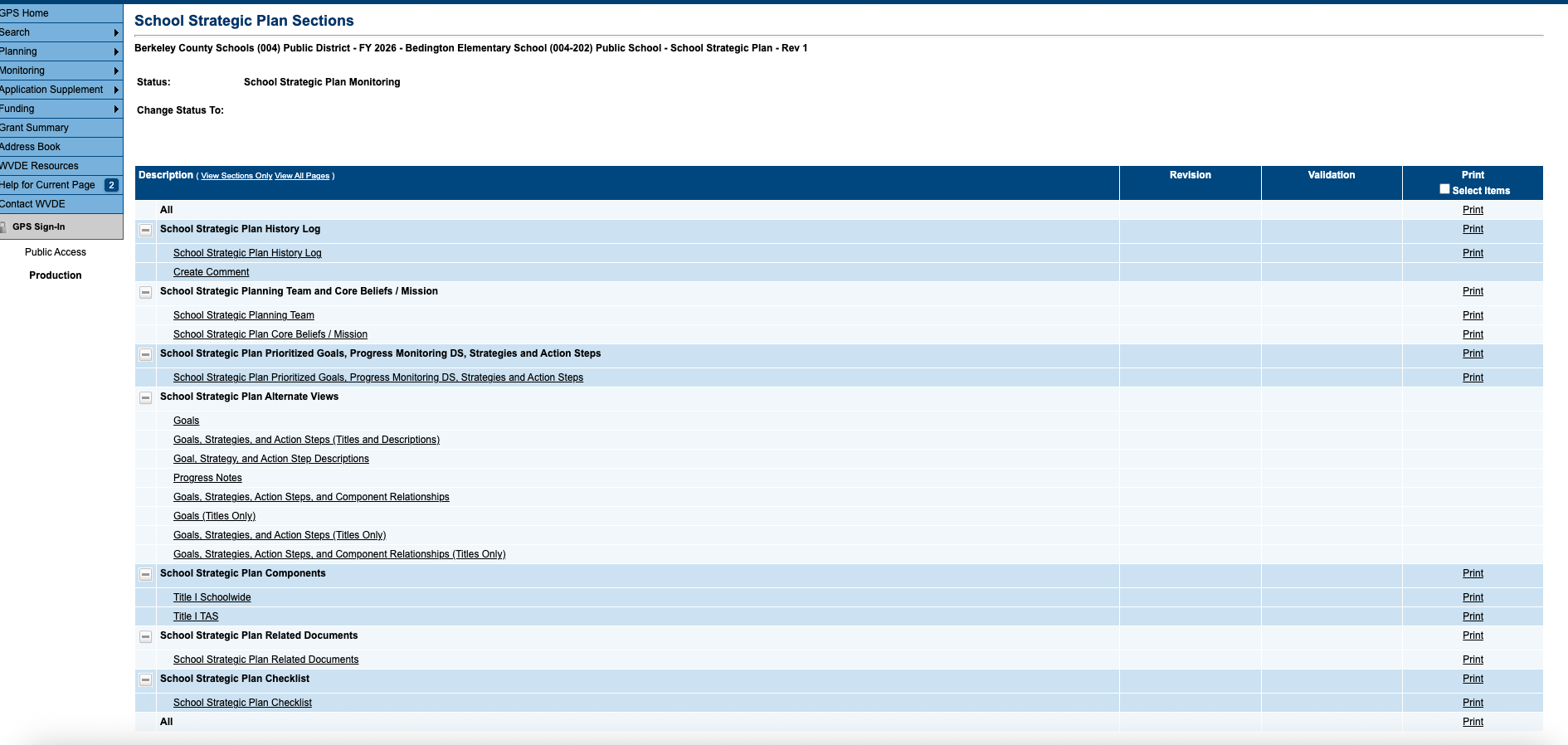 From the main sections page, click on any underlined link to view different sections of the plan. From the sections screen, click on "Goals," "Strategies," and "Action Steps" (Titles & Descriptions) to view the prioritized plan in its entirety.