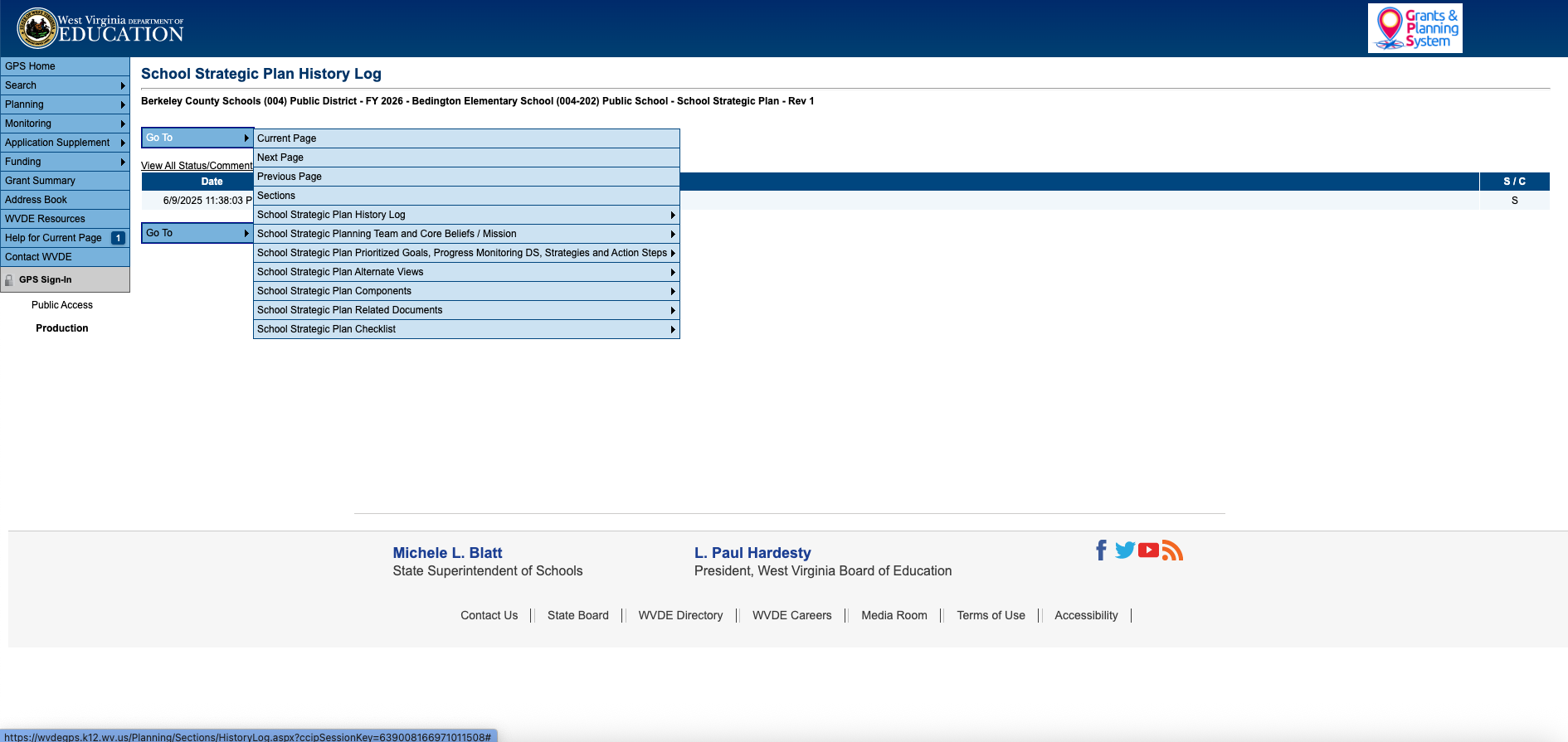 When changing from page-to-page, hover over the "Go To" button at the top of the screen and click "Sections" to go back to the "Sections" page or click "Next Page" to keep moving through the pages of the strategic plan.