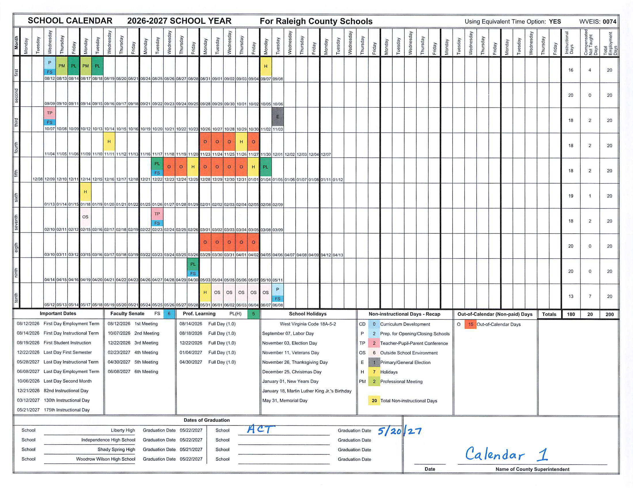 Raleigh County Schools 2026-2027 Proposed Calendar number 1