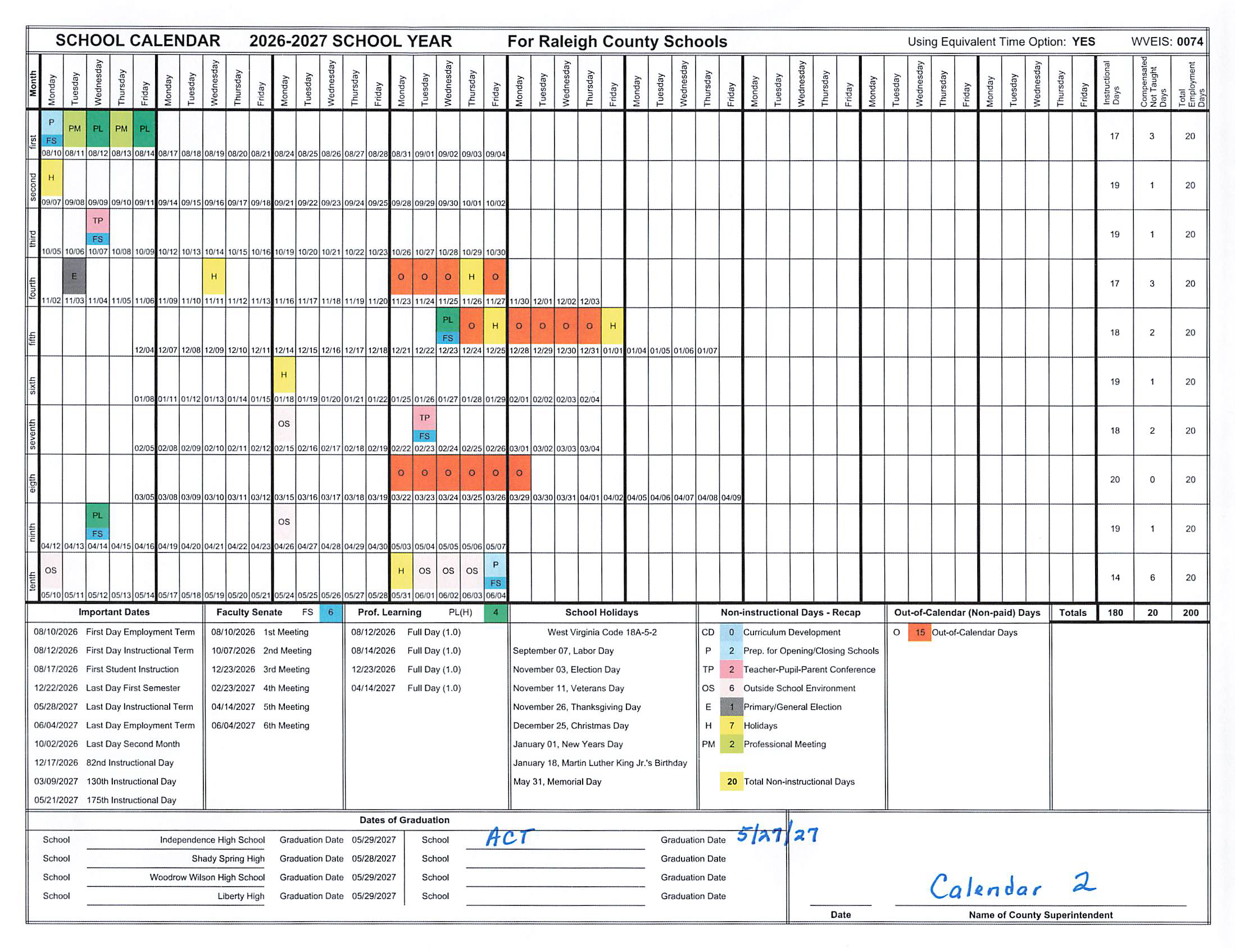 Raleigh County Schools 2026-2027 Proposed Calendar number 2