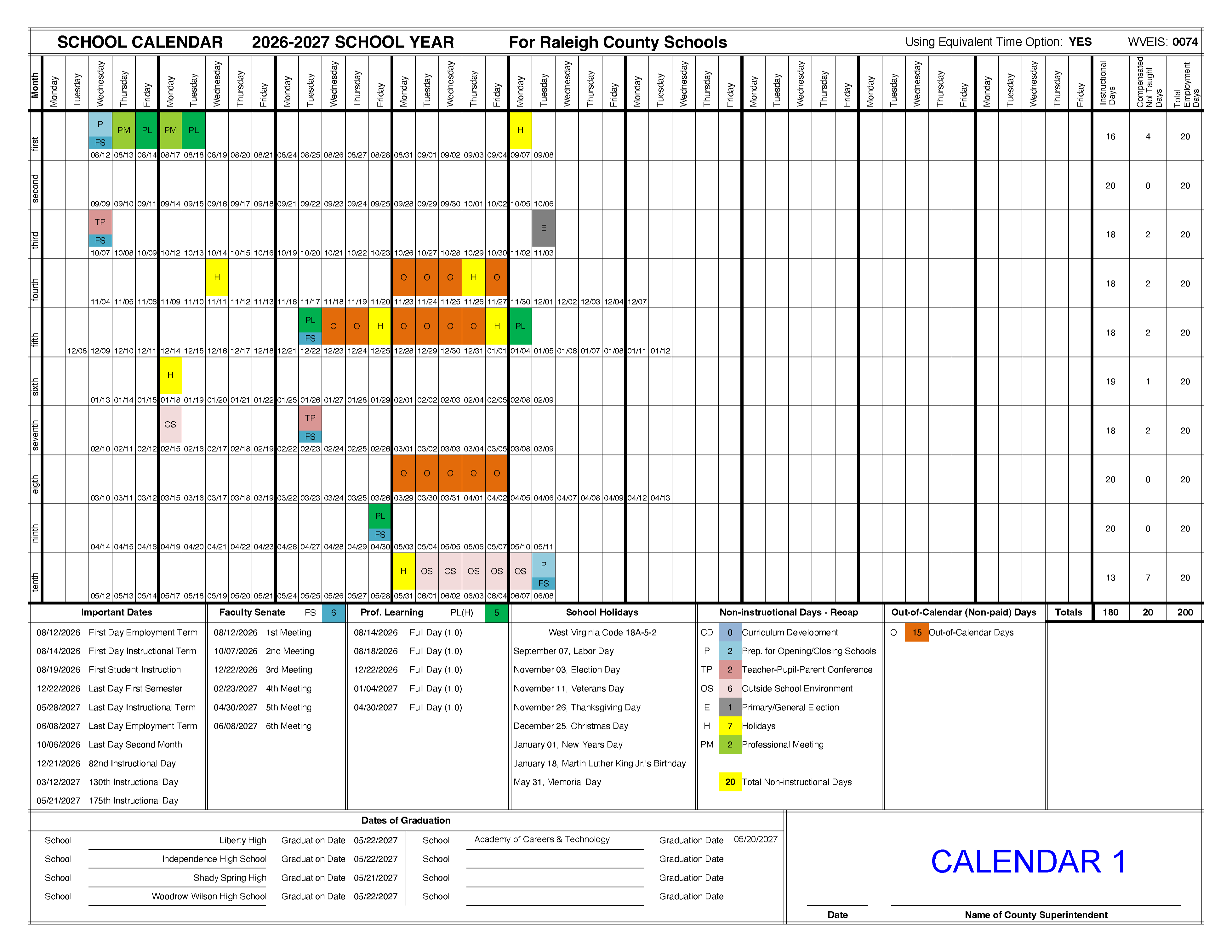 Raleigh County Schools 2026-2027 Proposed Calendar number 1