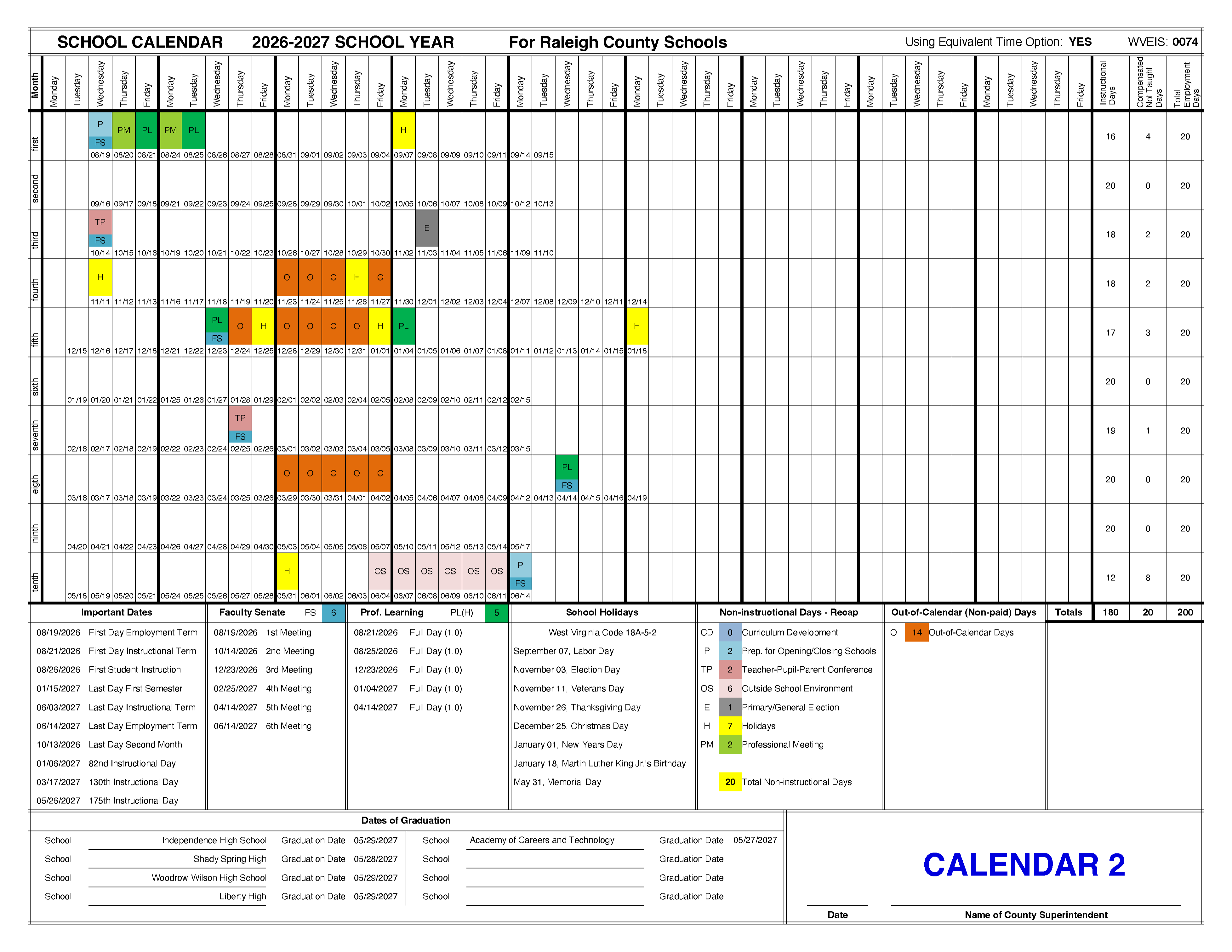 Raleigh County Schools 2026-2027 Proposed Calendar number 2