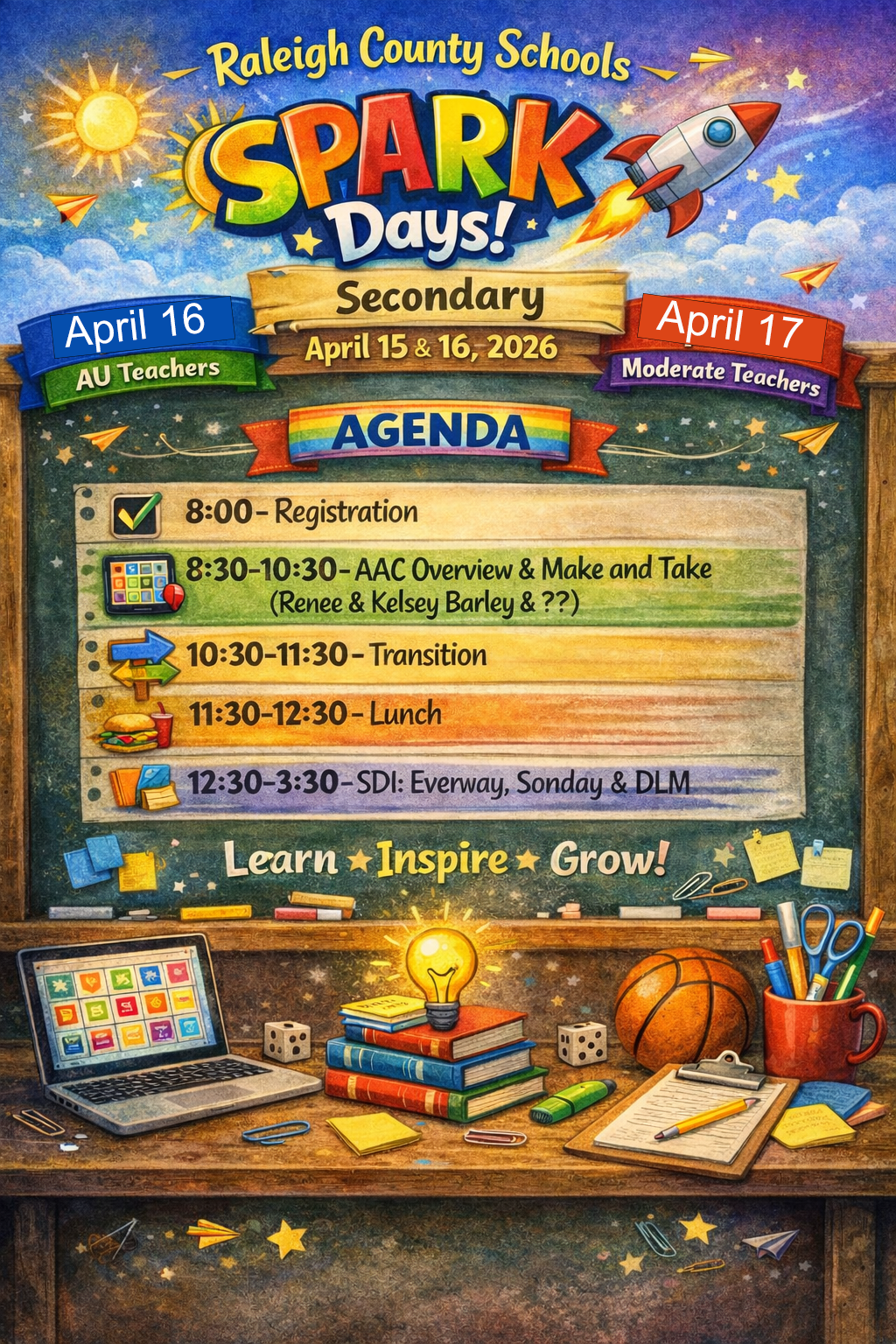 Secondary Spark Days Agenda, 8 am registration, 8:30 to 10:30 AAC Overview 10:30 to 11:30 Transition, 11:30 to 12:30 lunch, 12:30 to 3:30 SDI Everyway, Sonday & DLM