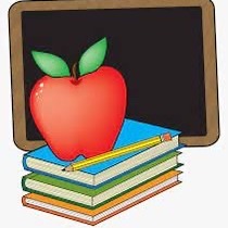 Chalkboard with stacked books (blue, green, orange) topped by an apple.