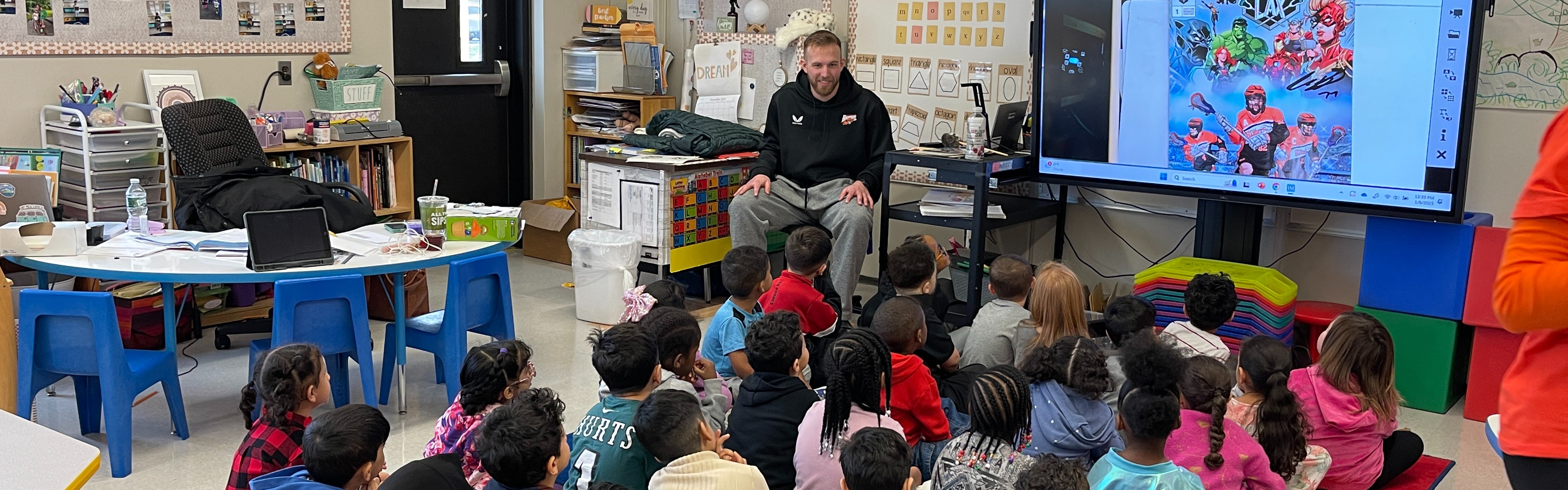 Zach Belter visits a Truman classroom.