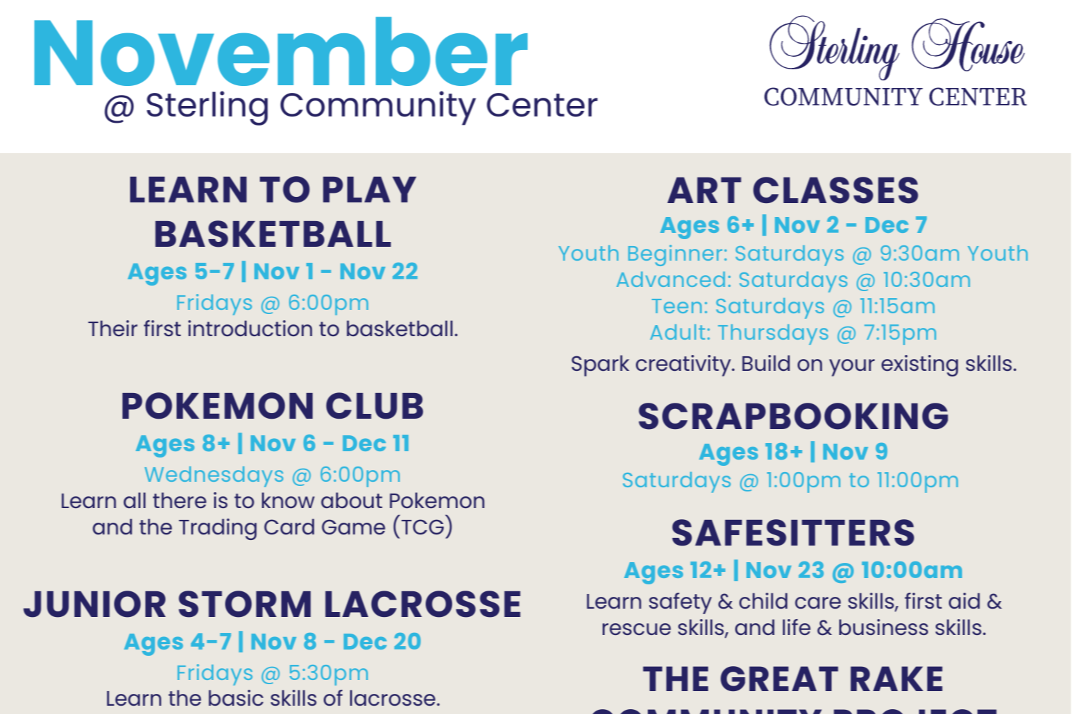 Sterling House Activities for November