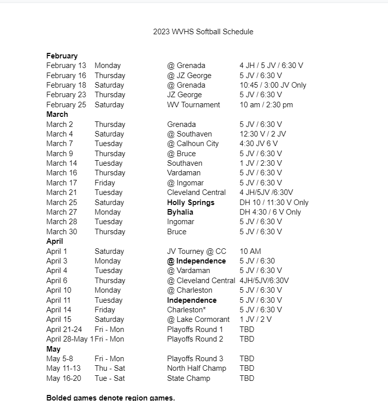 Schedule | Water Valley School District