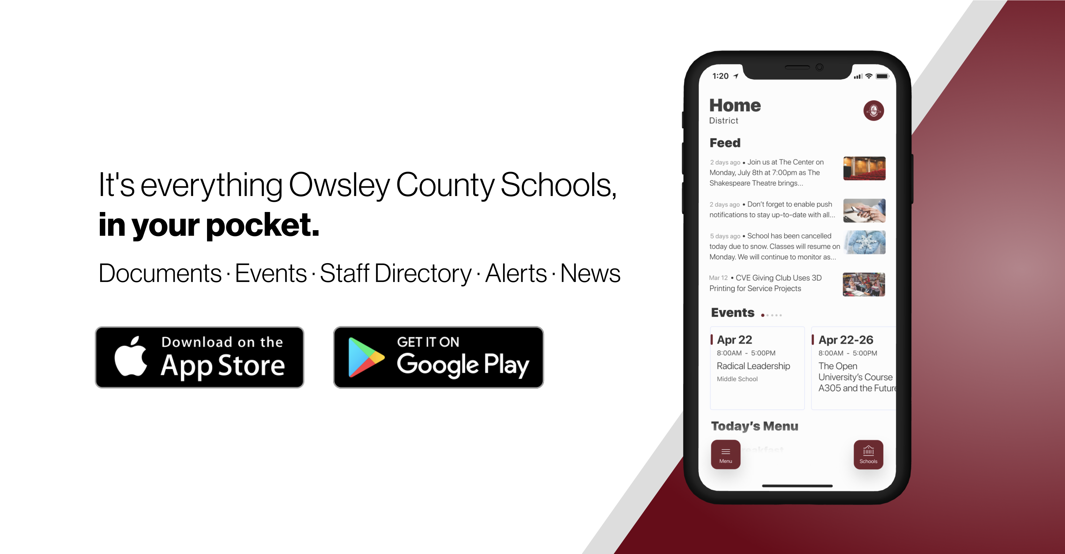 It's everything Owsley Schools, in your pocket. Documents, Events, Staff Directory, Alerts - Download the Owsley app on Google Play and App Stores; Image of app against white and red background