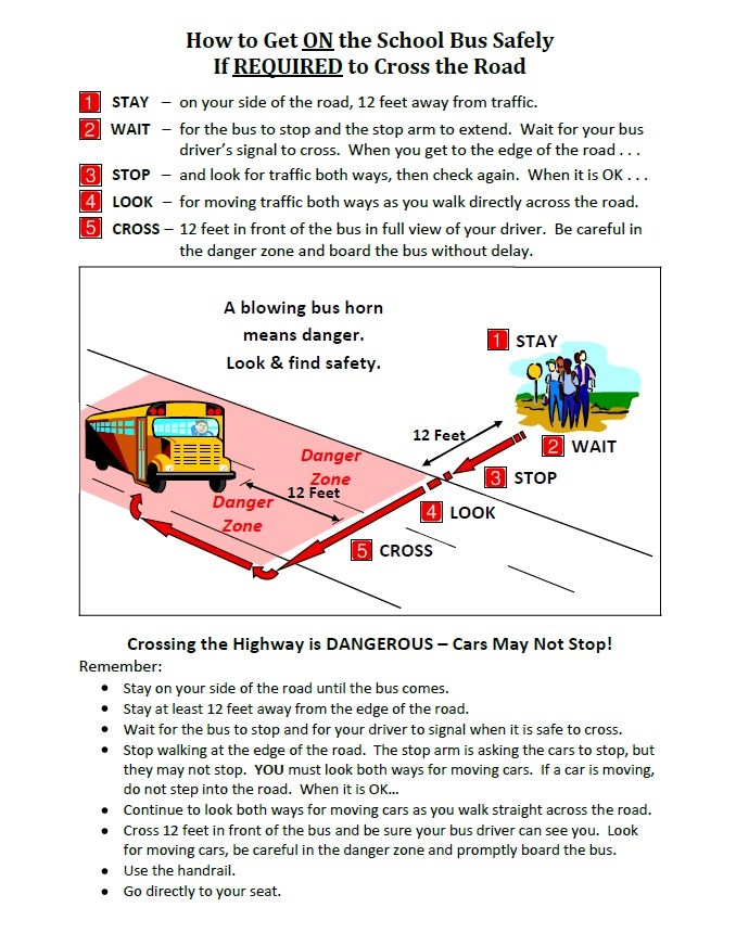 How to get on the school bus safely if required to cross the road. 1. Stay on your side of the road 12 feet away from traffic. 2. Wait for the bus to stop and stop arm to extend. Wait for your bus driver's signal to cross. When you get to the edge of the road...3. Stop and look for traffic both ways, then check again. When it's ok....4. Look for moving traffic both ways as you walk directly across the road. 5. Cross - 12 feet in front of the bus in full view of your driver. Be careful in the danger zone and board the bus without delay.