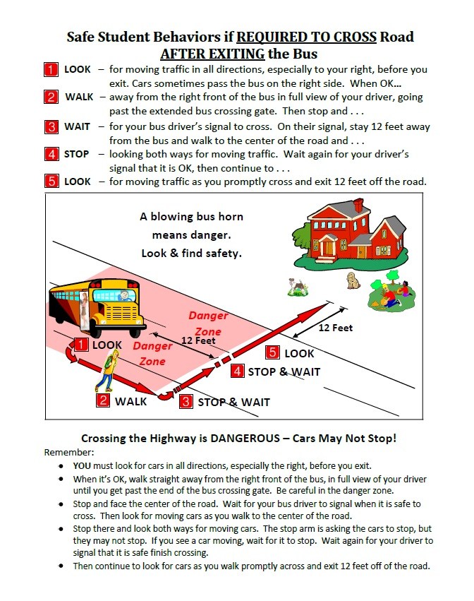 Safe Student Behaviors if REQUIRED TO CROSS road AFTER EXITING the bus. 1. Look for moving traffic in all directions, especially to your right, before you exit. Cars sometimes pass the bus on the right side. When ok...2. Walk away from the right front of the bus in full view of your driver, going pass the extending bus crossing gate. Then stop and...3. Wait for your bus driver's signal to cross. On their signal, stay 22 feet away from the bus and walk to the center of the road and...4. Stop - looking both ways for moving traffic. Wait again for your driver's signal that it is OK, then continue to...5. Look - for moving traffic as you promptly cross and exit 12 feet of the road.