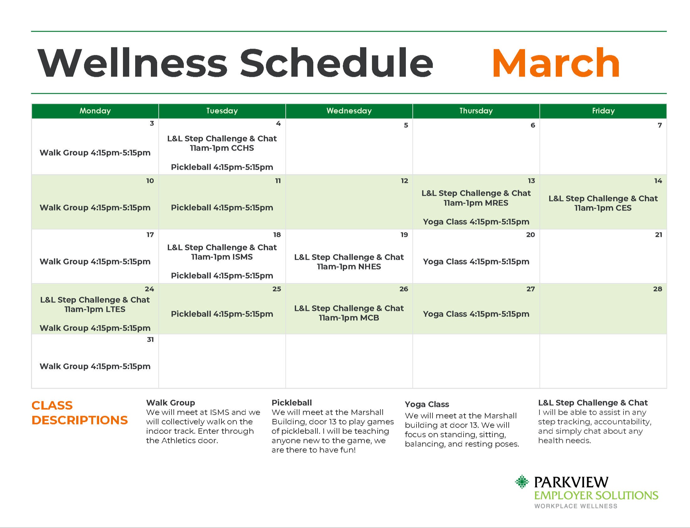 March wellness schedule of events