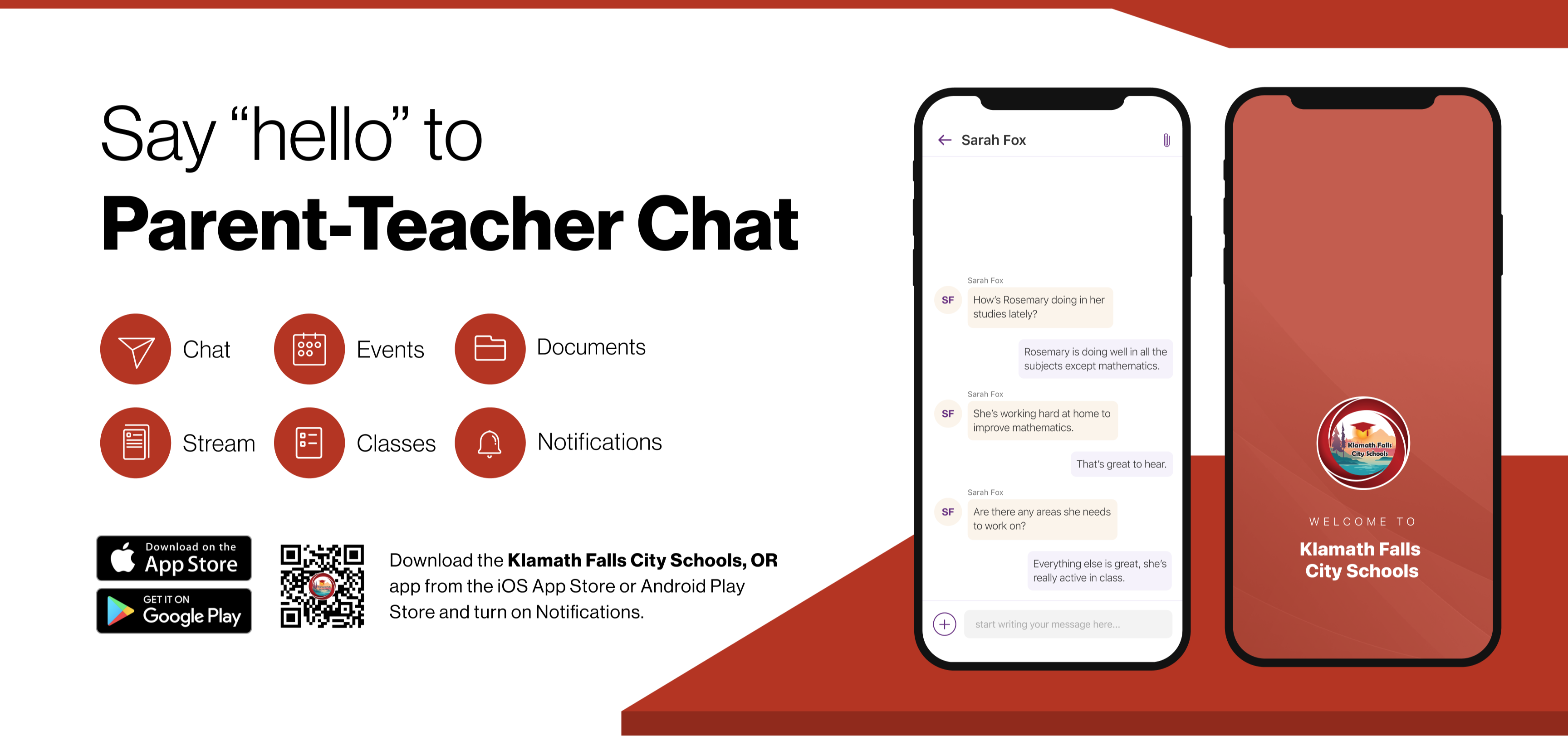 Say hello to Parent-Teacher chat in the new Rooms app. Download the Klamath Falls City Schools app in the Google Play or Apple App store