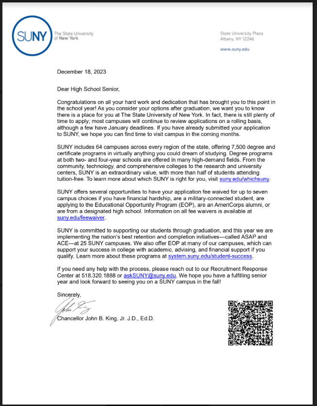 SUNY letter to seniors