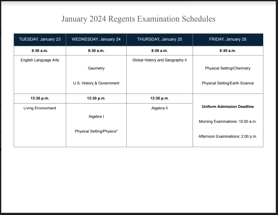 January Regents Schedule