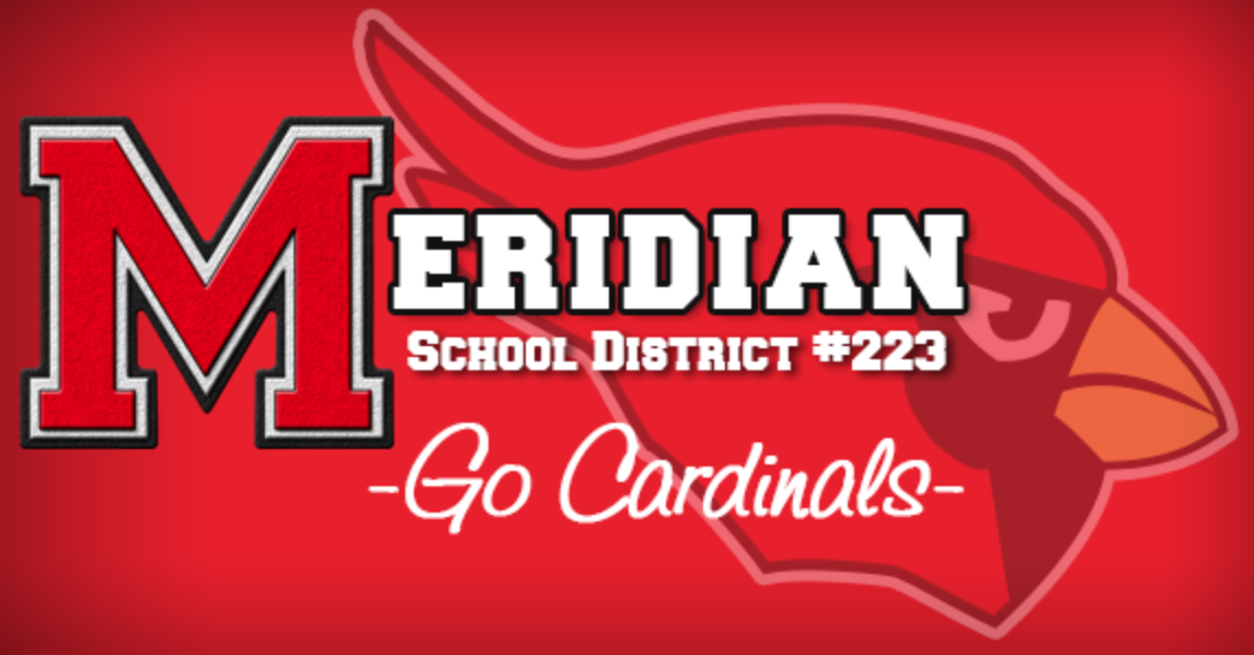 red M next to the text Meridian School District #223 Go Cardinals with Cardinal head in the background