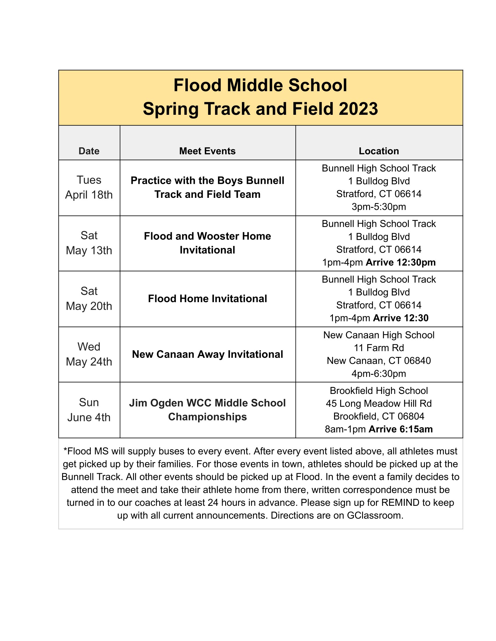 Flood track and field event schedule