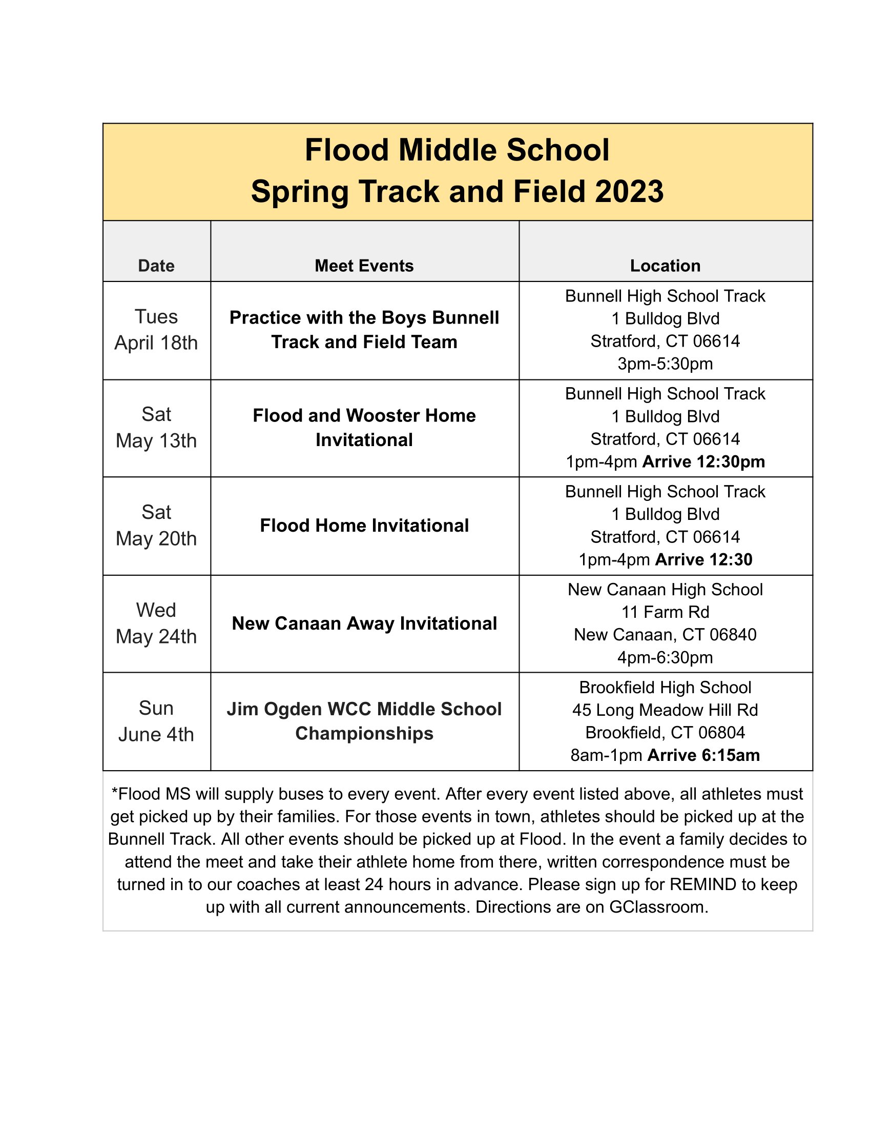 Spring Track Announcements Flood Middle School