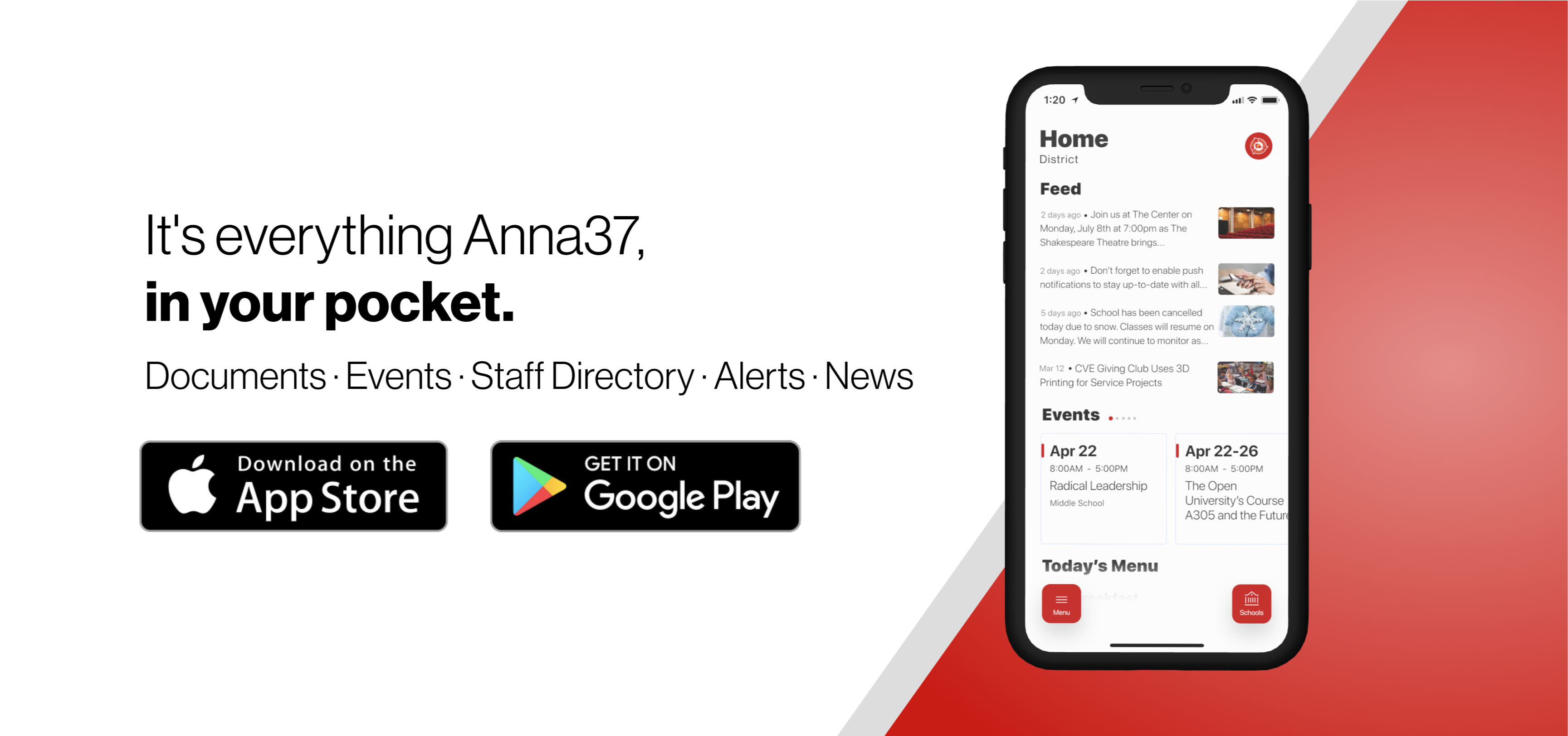 Image of mobile app open with links to App store and Google Play, "It's everything Anna 37 in your pocket. Documents-Events-Staff Directory-Alerts-News"