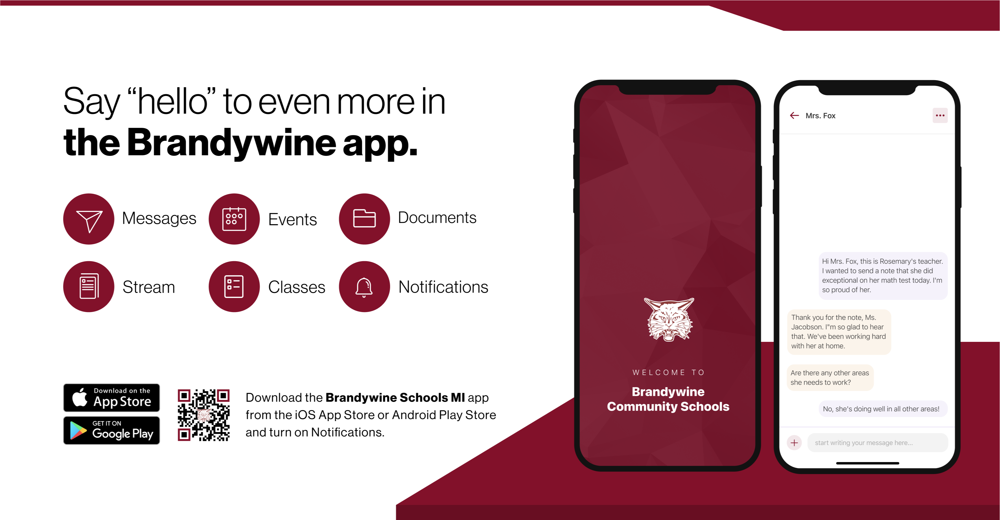 Say hello to Parent-Teacher chat in the new Rooms app. Download the Brandywine Community Schools app in the Google Play or Apple App store