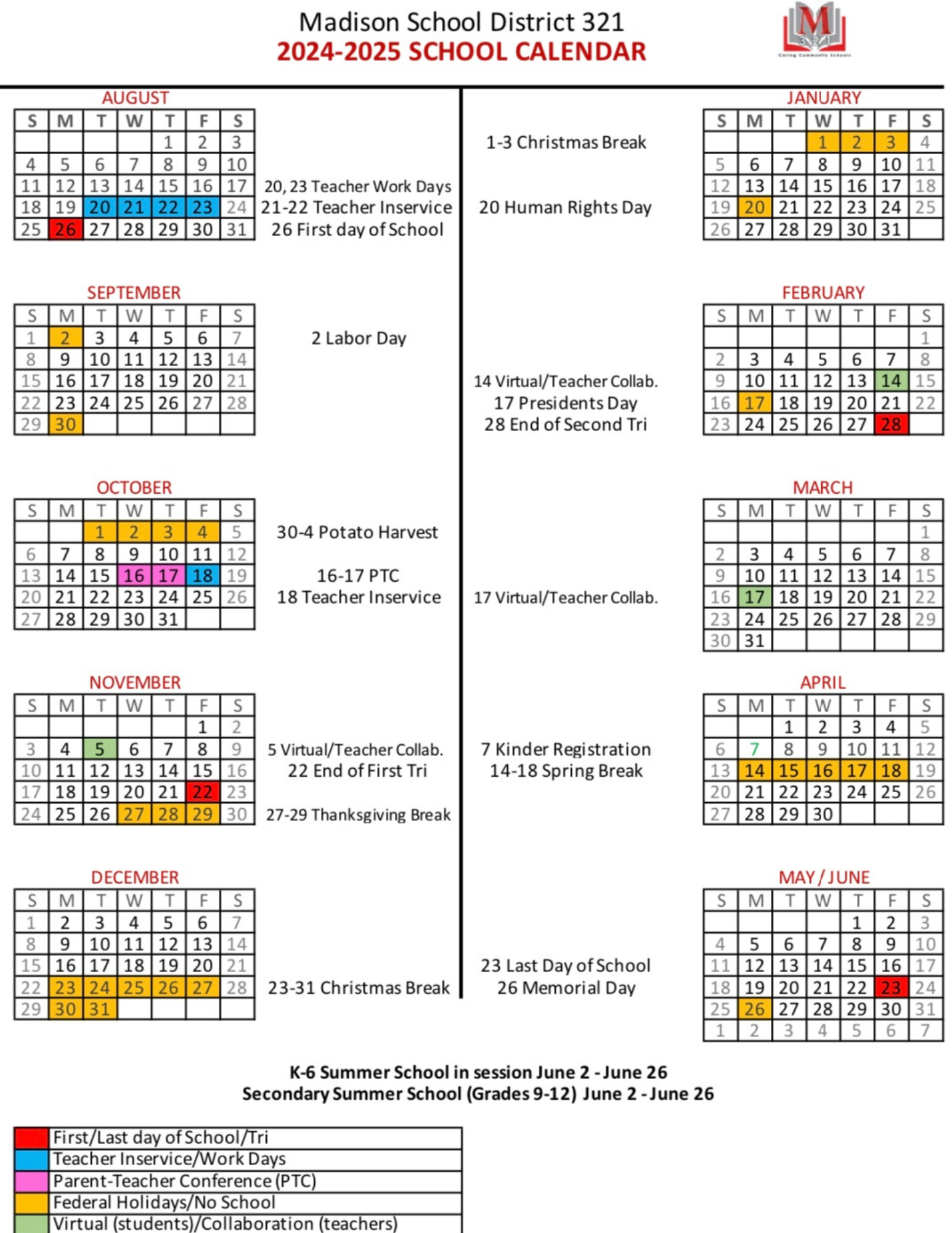 Madison School District 321 Calendar 2025 and 2025