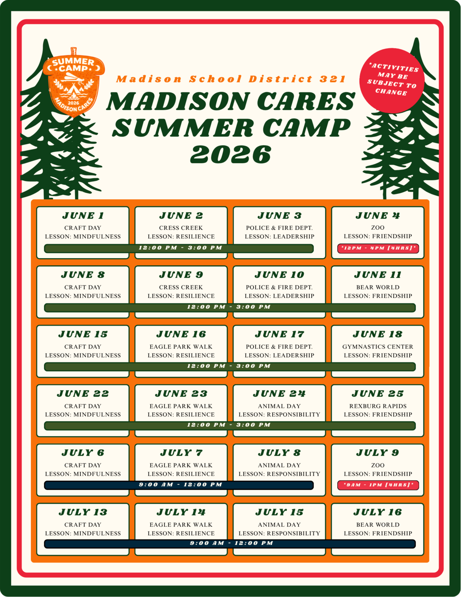 SUMMER CAMP SCHEDULE