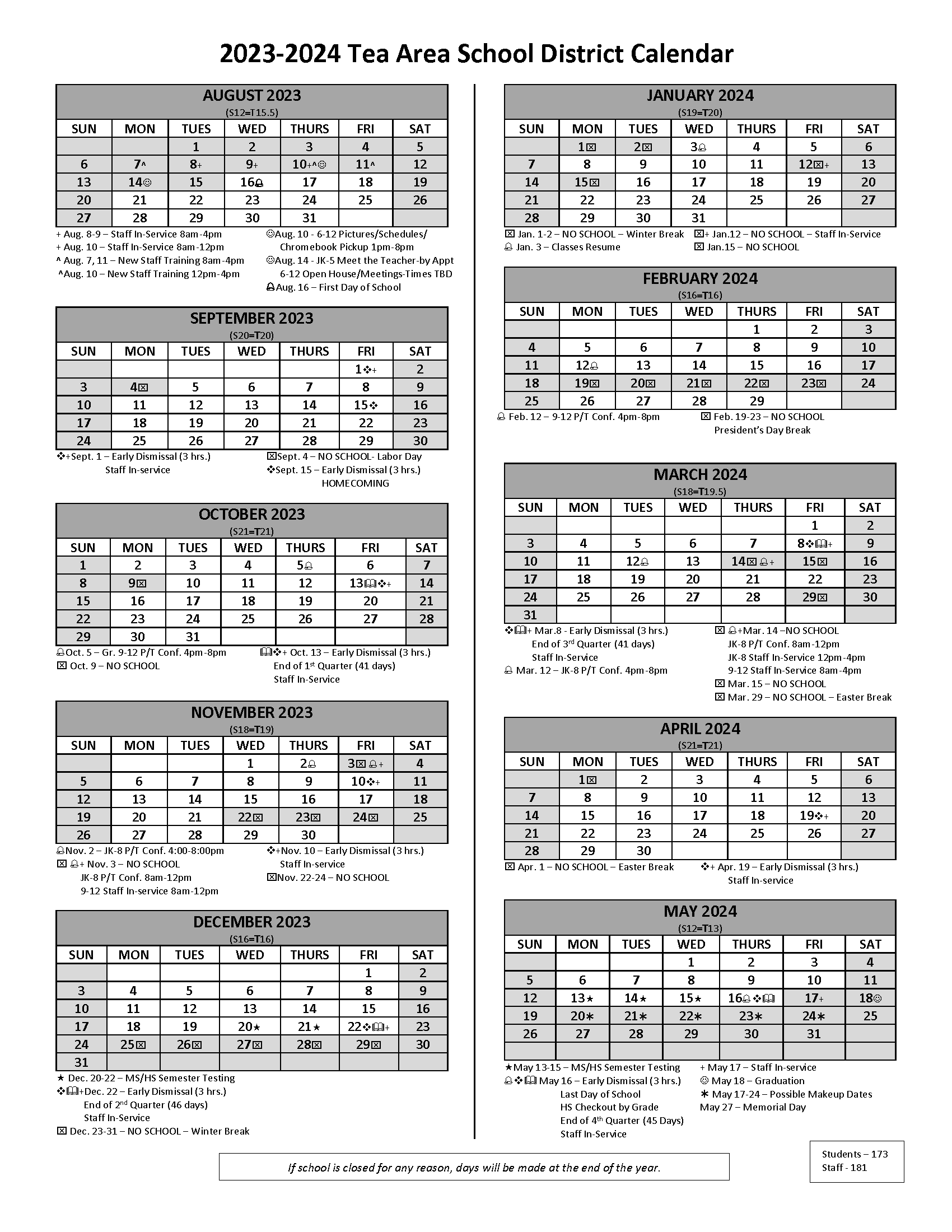 District Calendars Tea Area School District