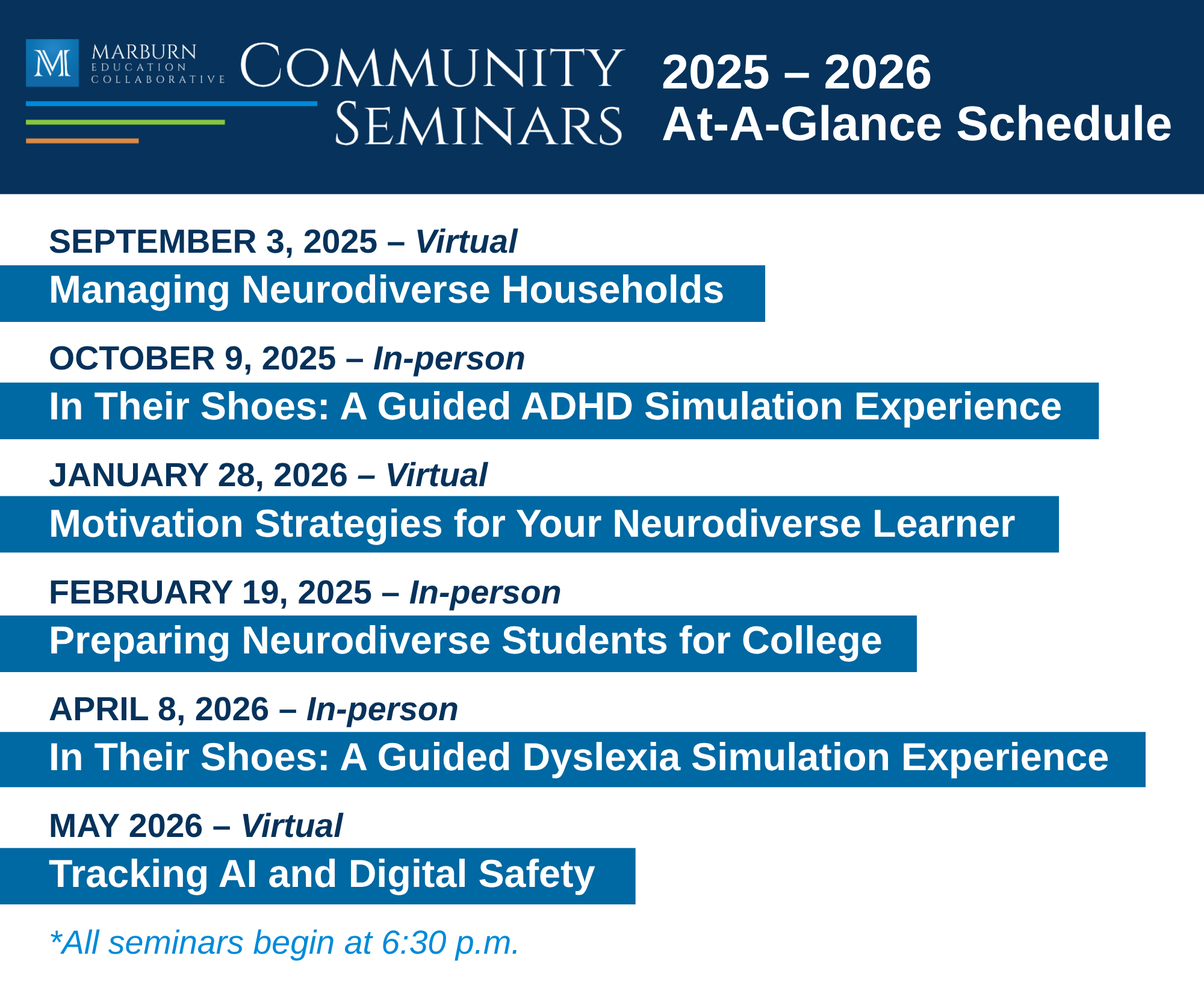 Marburn Academy Community Seminar 2025, 2026 schedule 