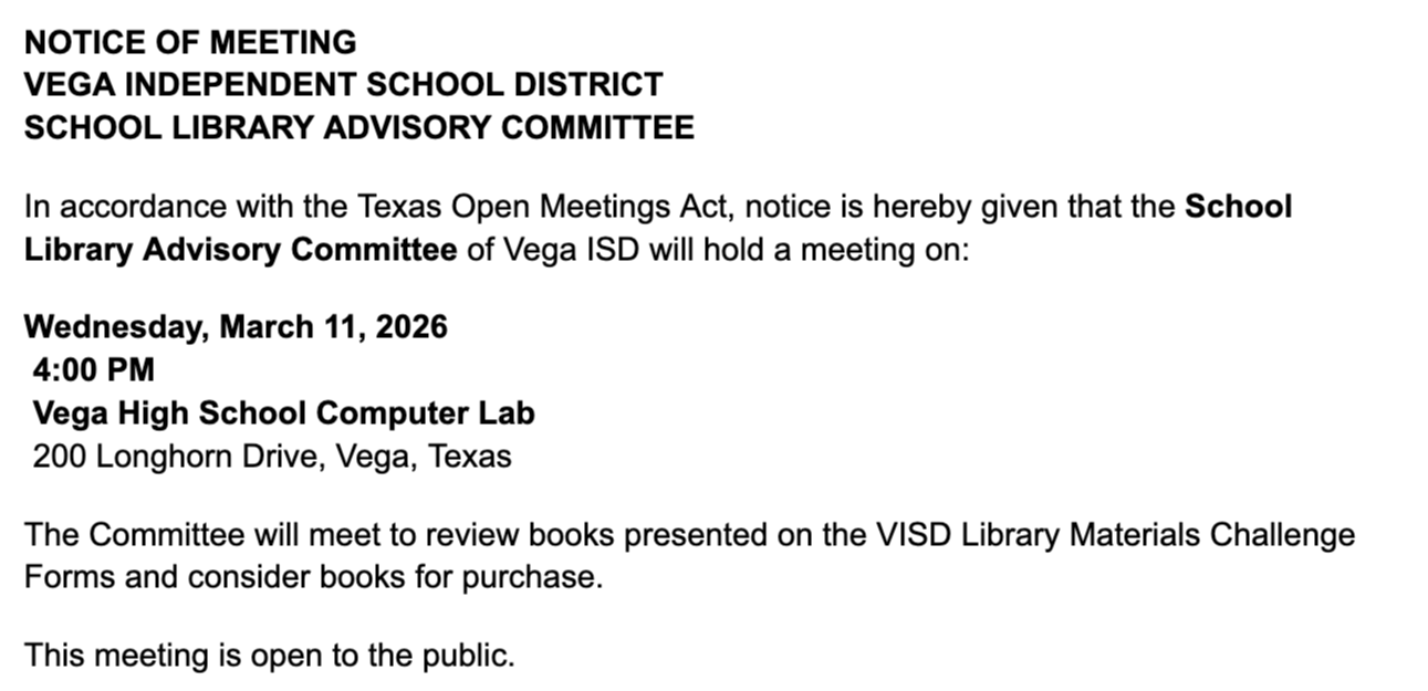 Public Notice of Meeting 1/21/2026