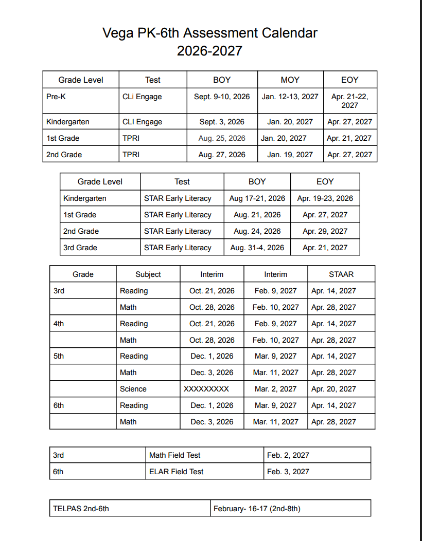 PK-6 Testing Calendar