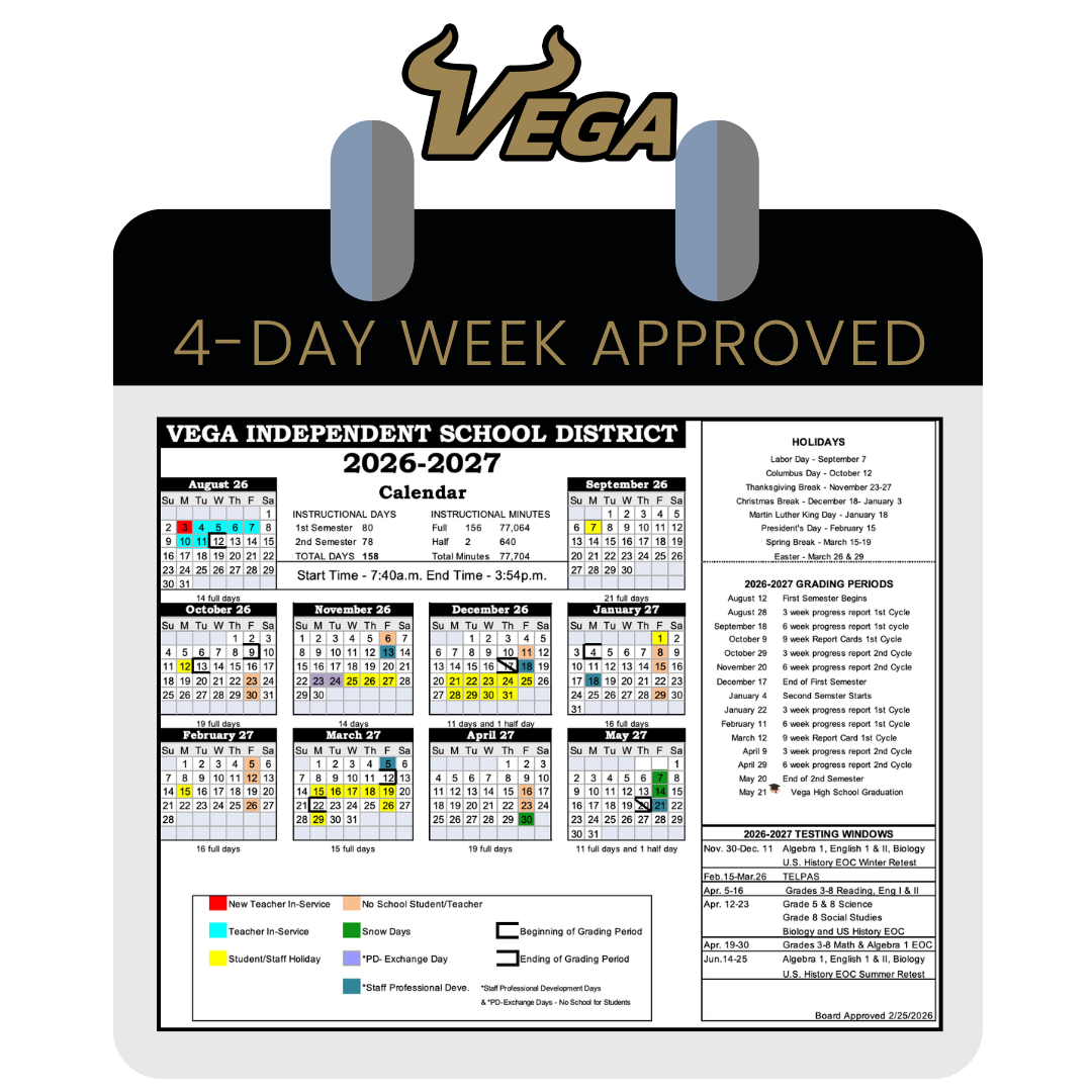 2026-27 Vega ISD District Calendar