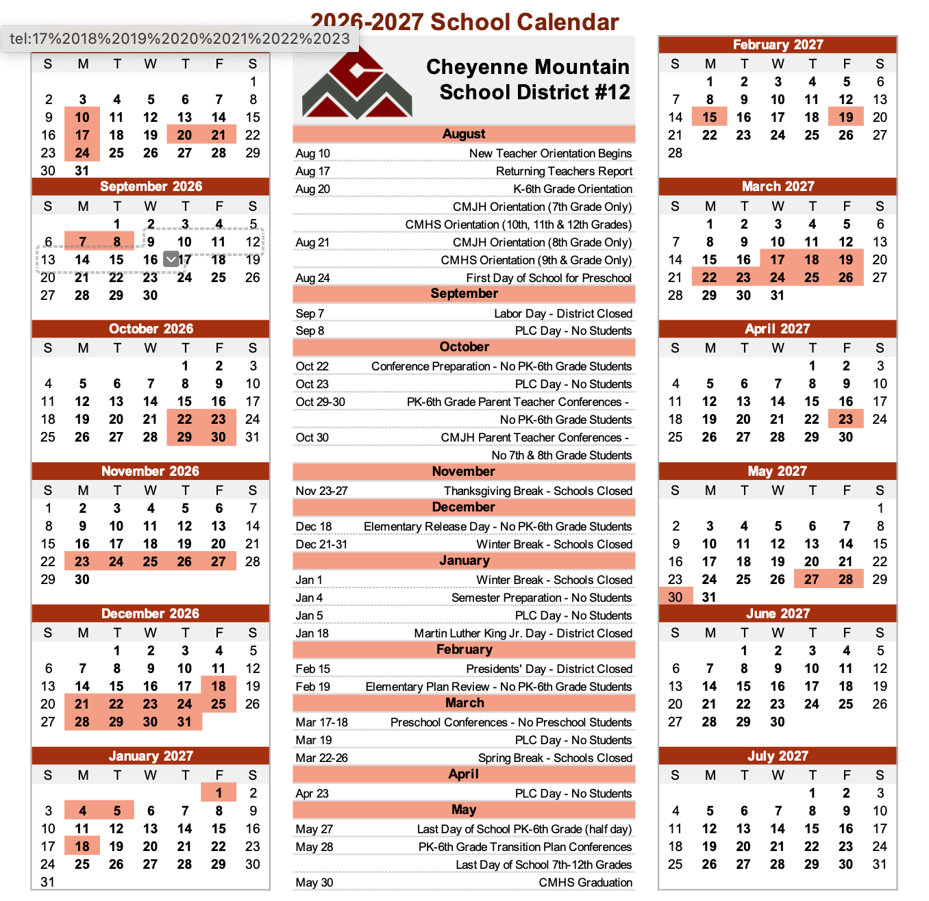 2026-2027 D12 District Calendar