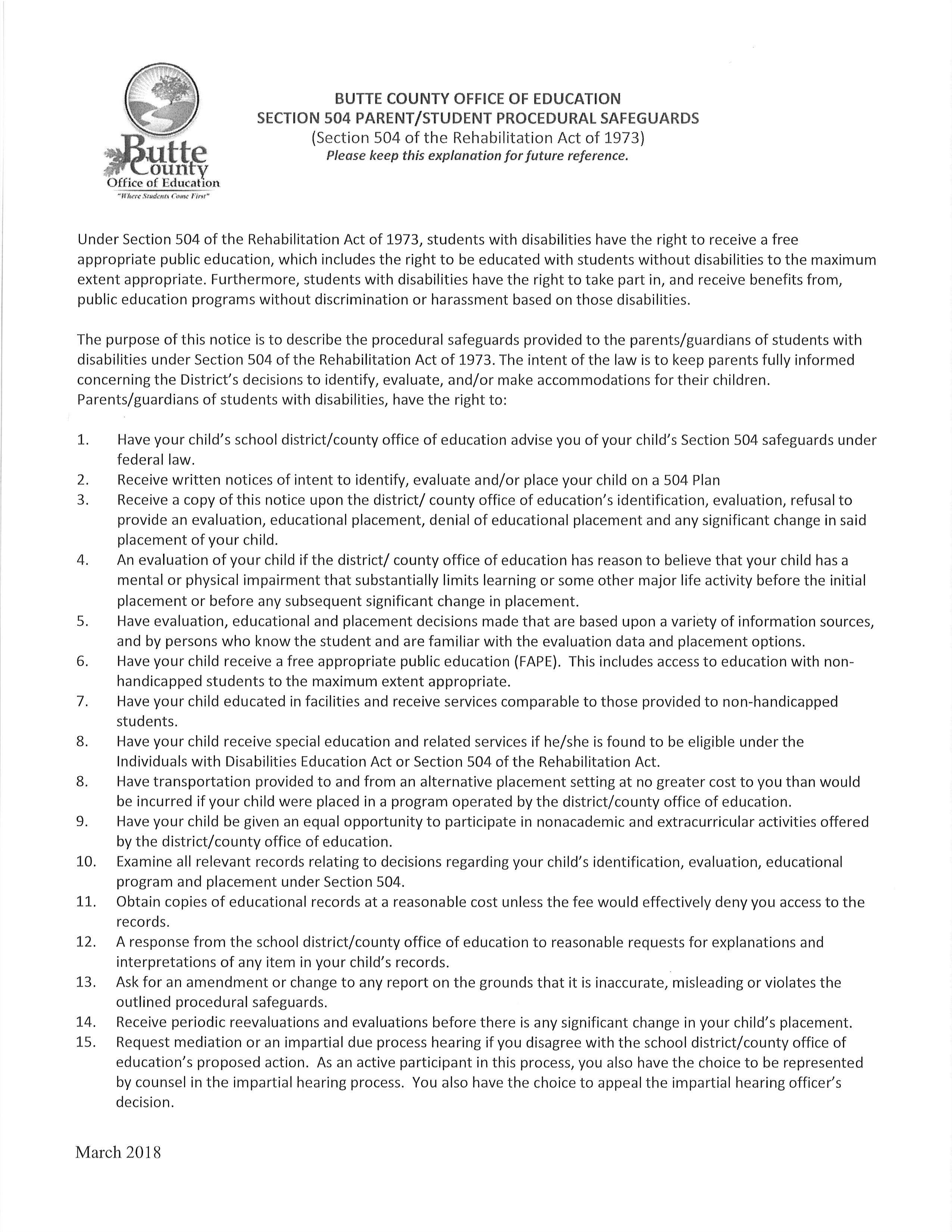 504 Accommodation Plan Procedural Safeguards document