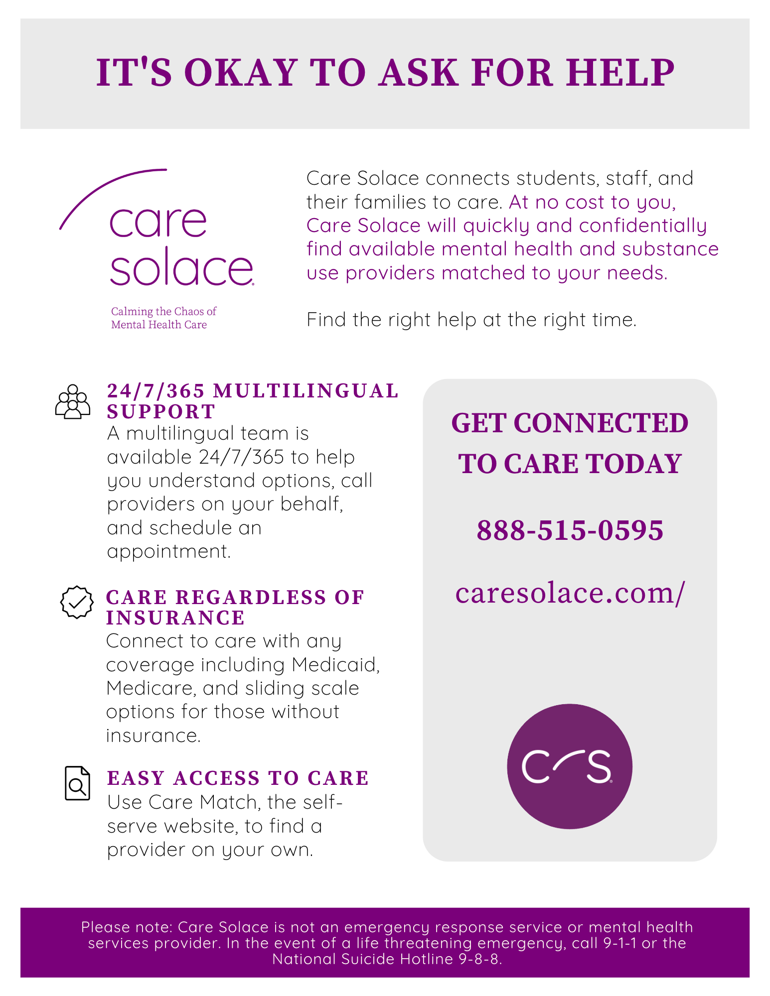 Care Solace flyer for families with phone numbers and websites. Call 888-515-0595 or caresolace.com/durham to connect with services