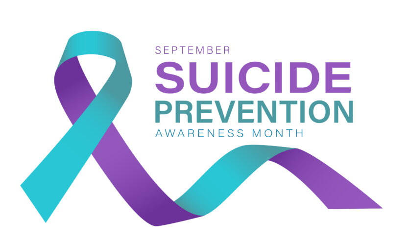 Blue and purple ribbon graphic. Text reads September Suicide Prevention Awareness Month