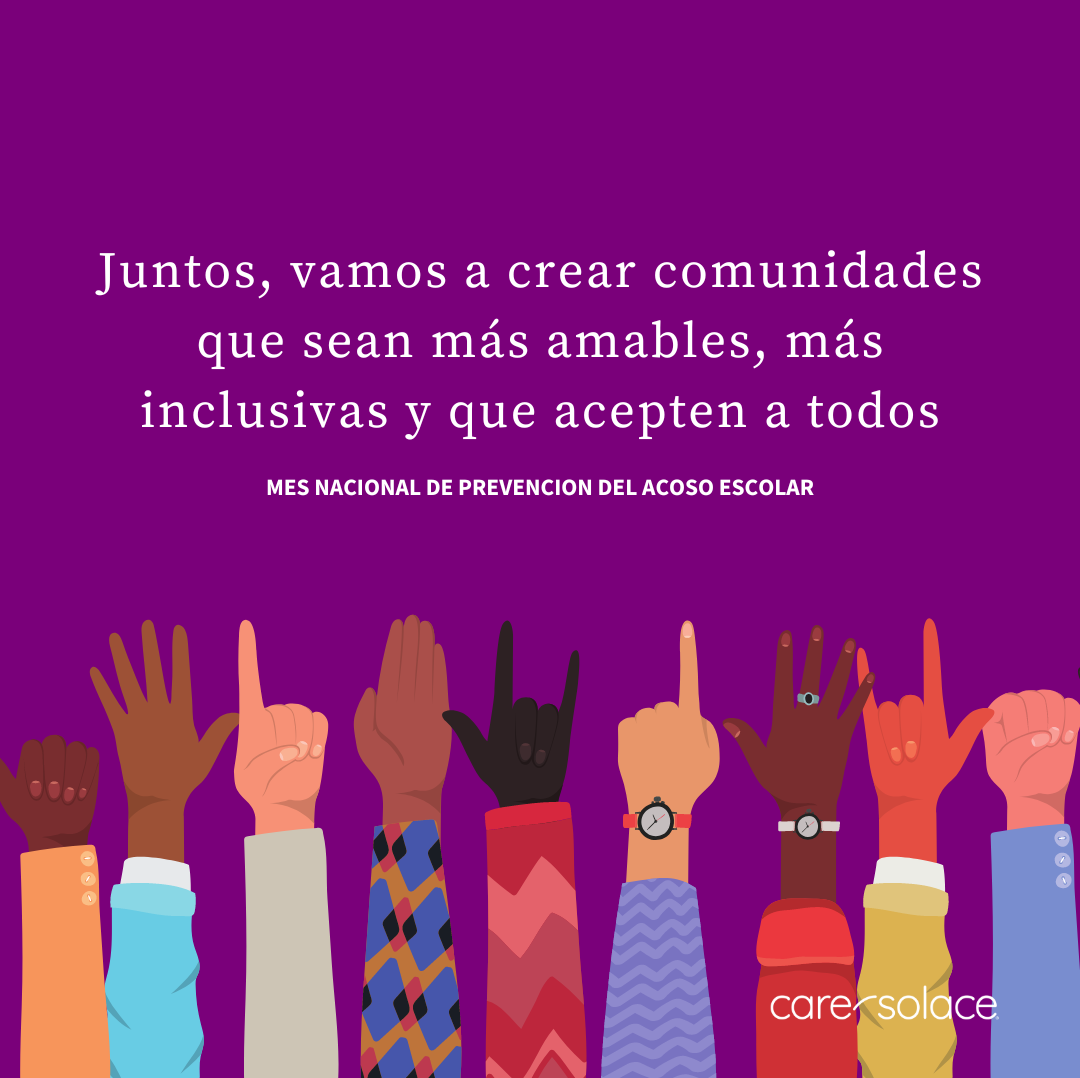 text in spanish Juntos, vamos a crear comunidades que sean mas amables, mas inclusivas y que acepten a todos. Mes Nacional De prevención del  acoso escolar