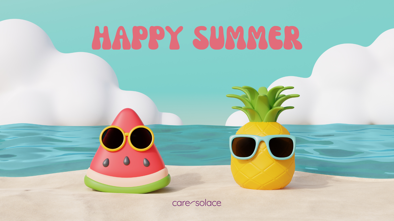 Happy Summer a slice of cartoon watermellon and a cartoon pineapple wearing sun glasses on the beach