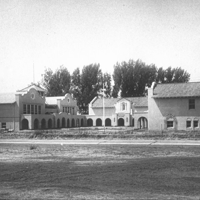 black and white photo of original campus