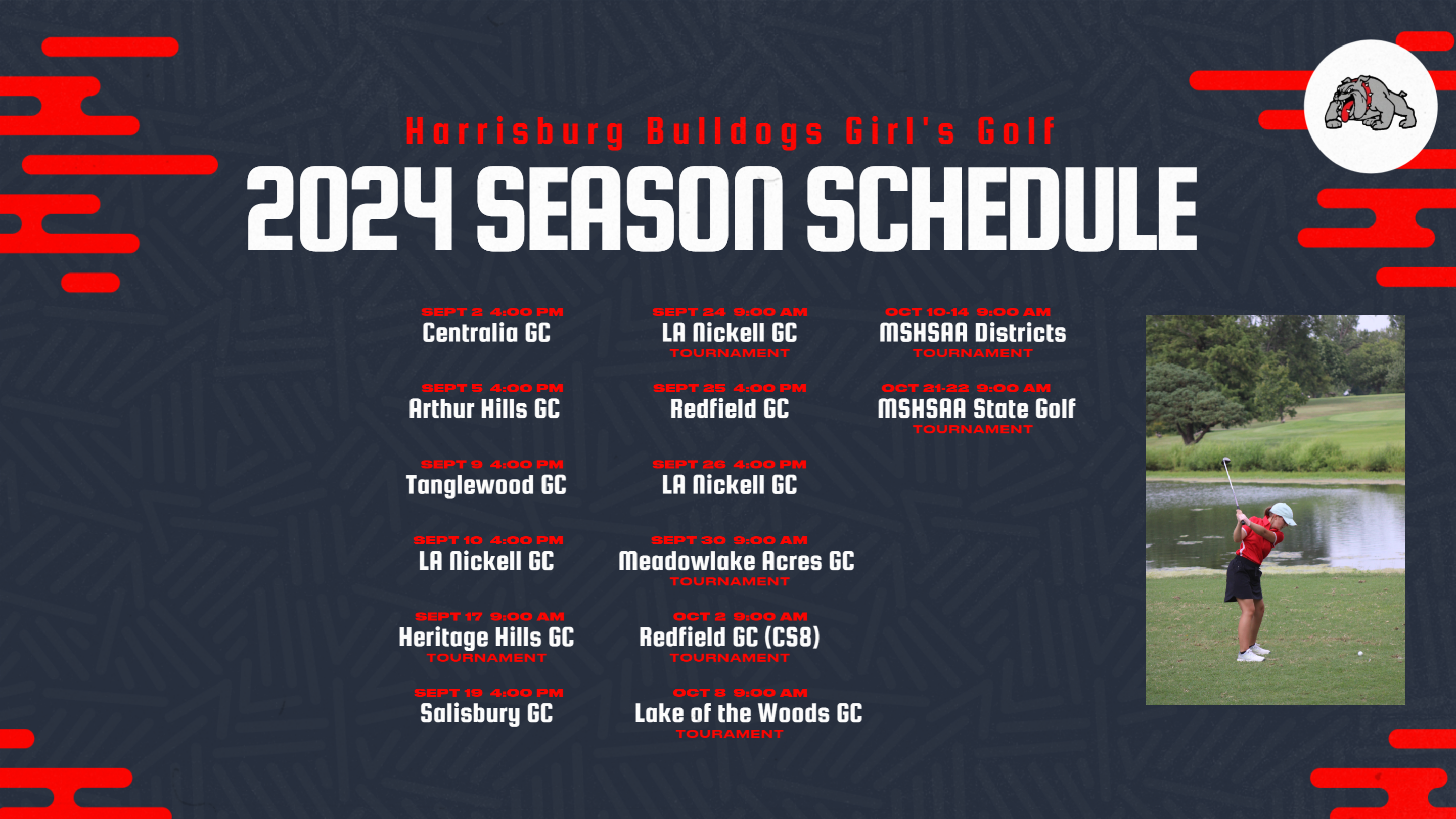 Picture of golfer with 2023 schedule in text
