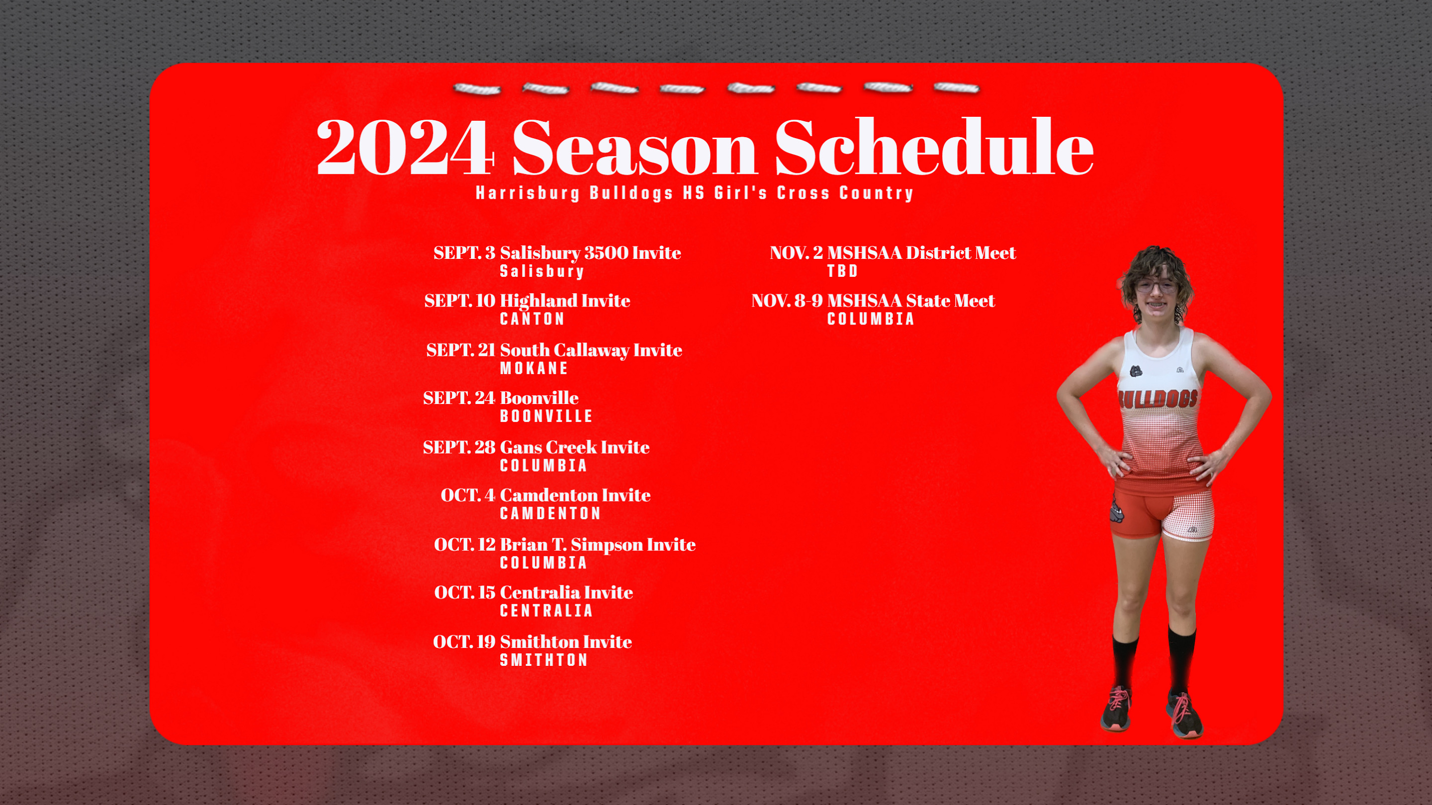 Image of runners on left and typed schedule for 2022 season on right