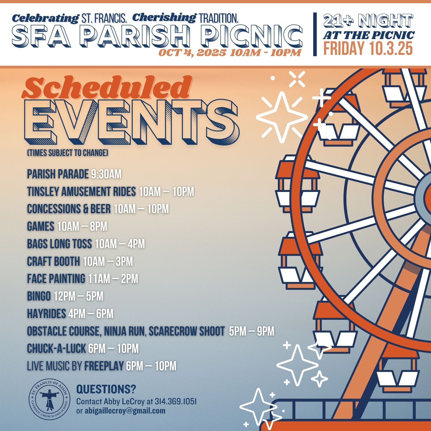 2025 Parish Picnic Schedule 
