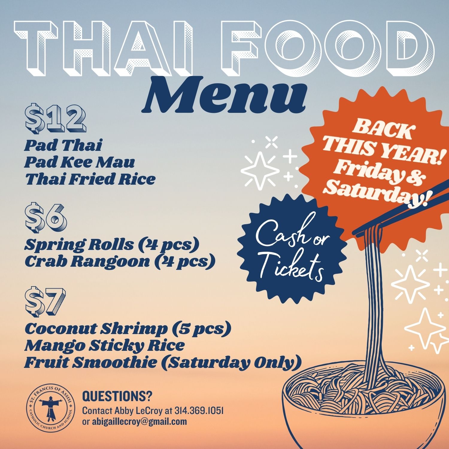 2025 Parish Picnic Thai Food Menu and Pricing 