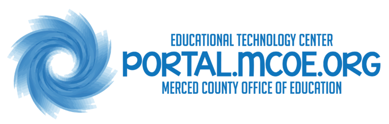 blue stylized vortex logo with the text educational technology center, portal.mcoe.org, and Merced County Office of Education, all in blue