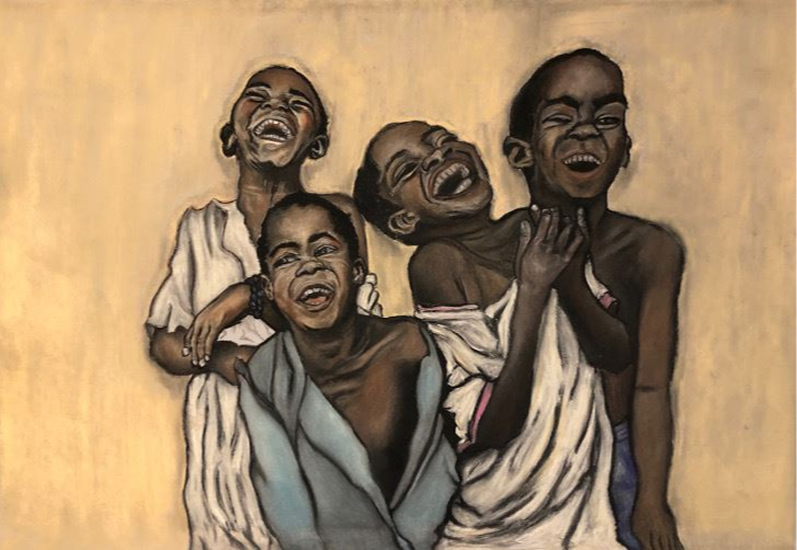 A group of four children joyously laughing