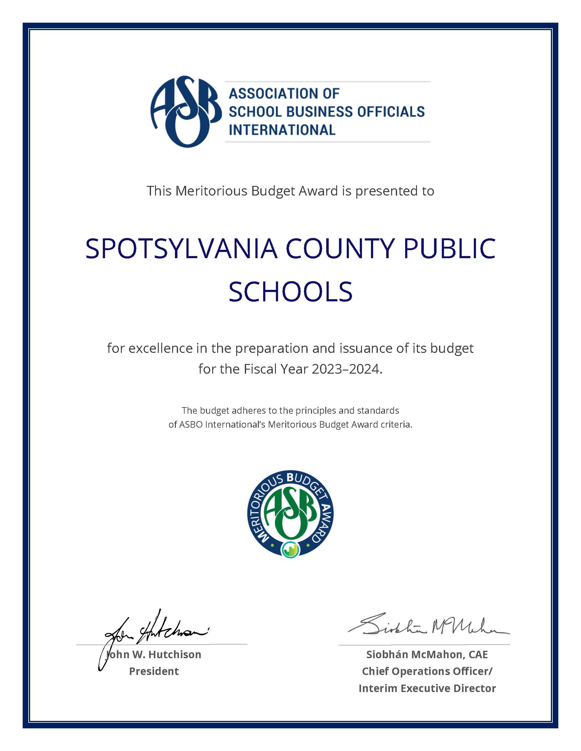 FY23 ASBO MBA Award Certificate for SCPS