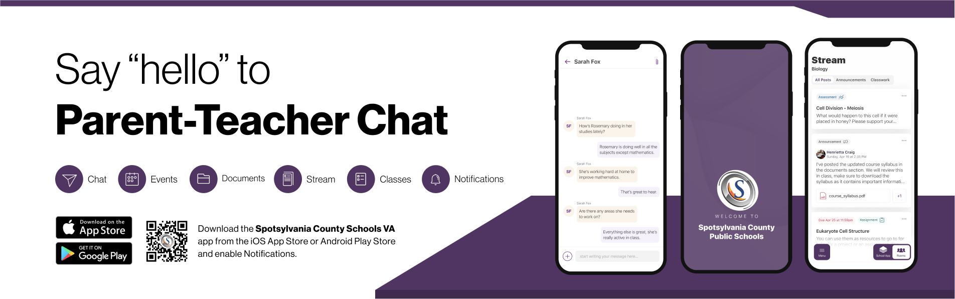 Say hello to Parent-Teacher chat in the new Rooms app. Download the Spotsylvania County Public Schools app in the Google Play or Apple App store.