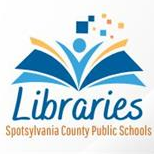 logo that says the work libraries beneath a cartoon person leaping out of a book. Spotsylvania County Public Schools is written beneath it in orange text.